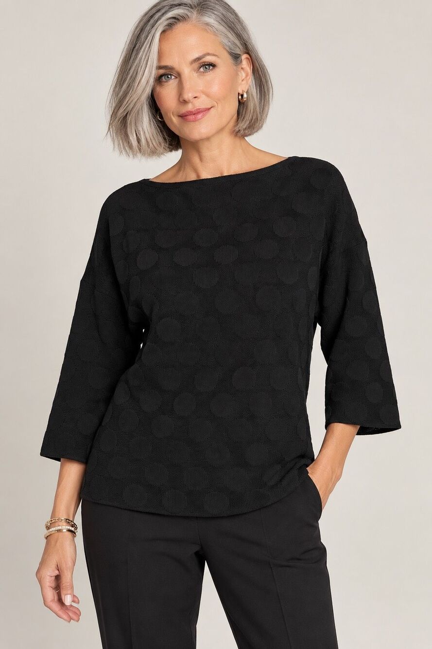 St John Sport Marie Gray 100% Wool Black Polka Dot Boat Neck Sweater P